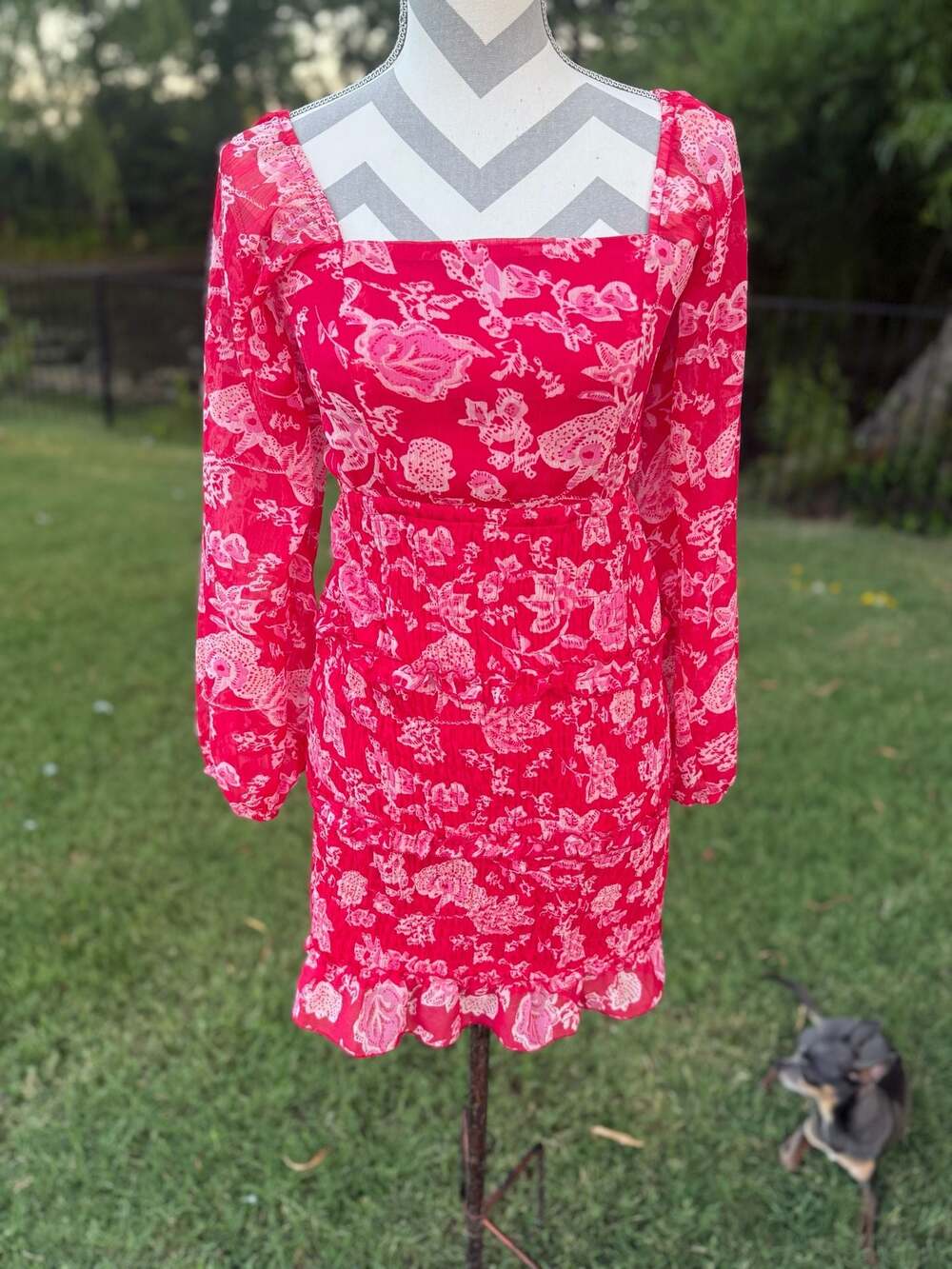 Sim & Sam Mesium Red Floral Long Sleeve Smocked Milkmaid Mini Dress